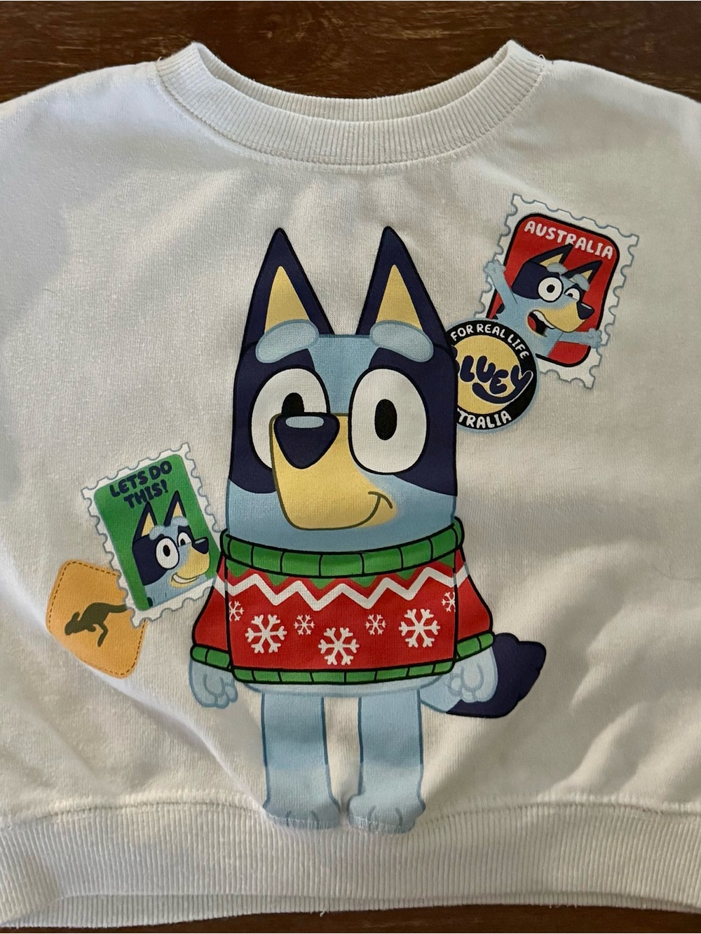Kids White Bluey Graphic Sweatshirt with Red Holiday Sweater Print